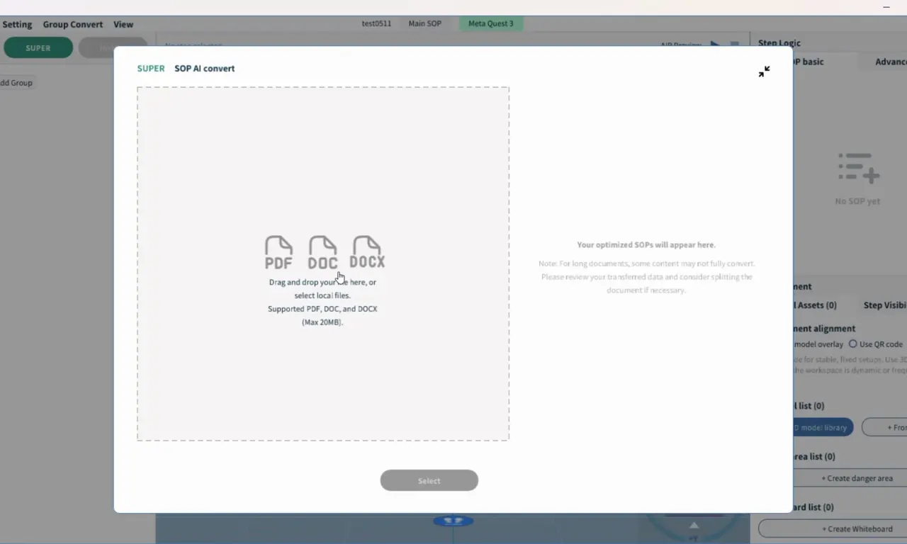 SOP AI 轉換功能視窗，可匯入既有文件由 AI 自動拆解並轉化為逐步操作指引